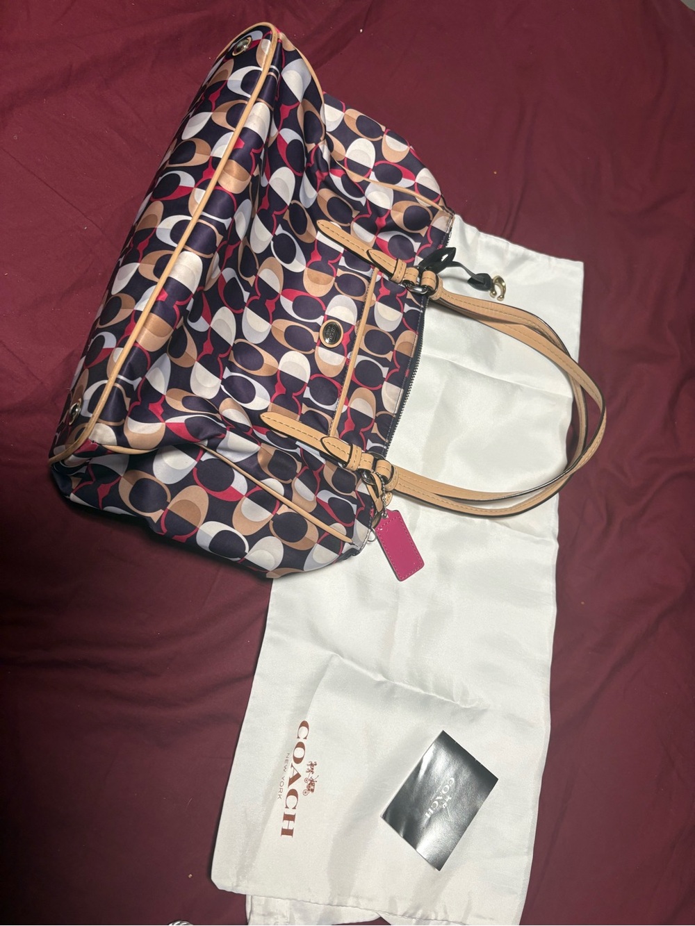 COACH Multicolor Signature Logo Tote with Tan Leather Straps